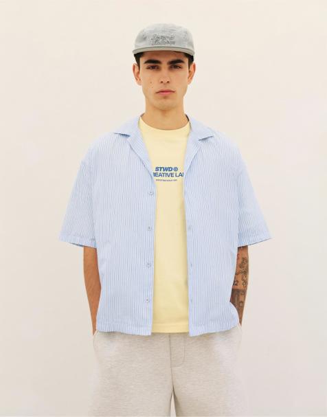 Pull&Bear – Blå, randig skjorta med korta ärmar - view 1