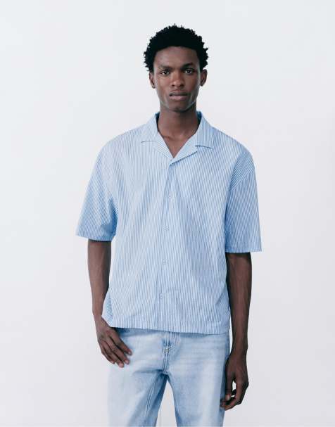 Pull&Bear – Blå, randig skjorta med korta ärmar - view 1