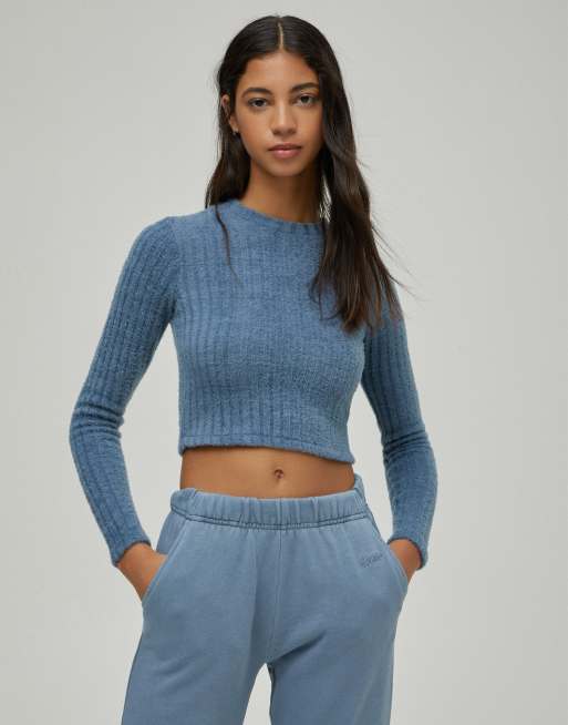 Pull&Bear – Blå, ribbad, kort tröja