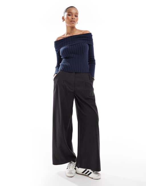 Pull&Bear – Blå, ribbstickad bardot-topp, 3 av 4