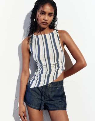 Pull&Bear – Blå, rustik skjorta med asymmetriska ränder - view 1