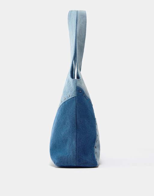 Pull&Bear - Blå shopper-taske i denim med patchwork-design, 2 af 4