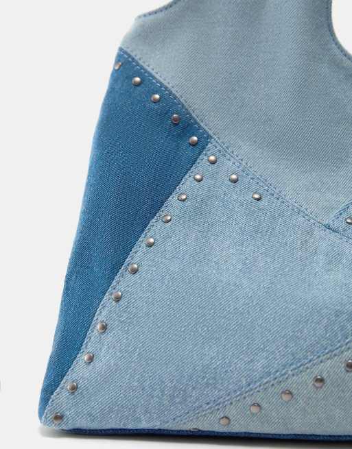 Pull&Bear - Blå shopper-taske i denim med patchwork-design, 3 af 4