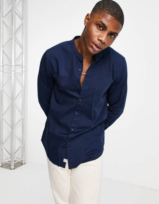 Pull&Bear – Blå skjorta i chambray-tyg med murarkrage