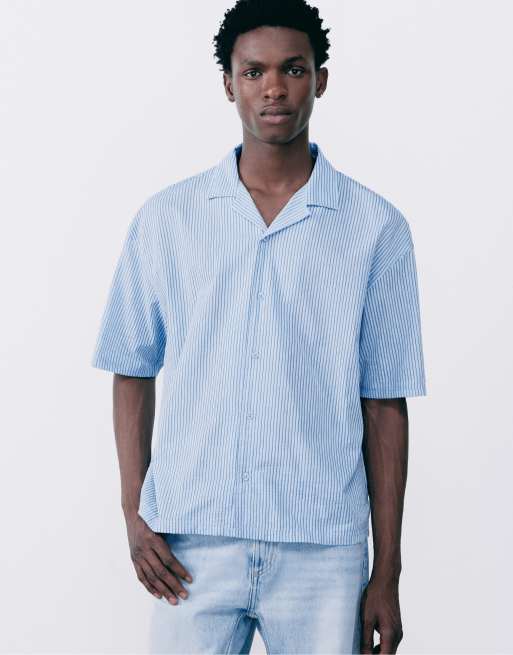 Pull&Bear - Blå skjorte med korte ærmer og striber, 3 af 7