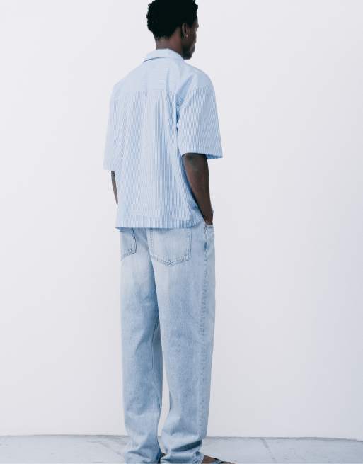 Pull&Bear - Blå skjorte med korte ærmer og striber, 4 af 7
