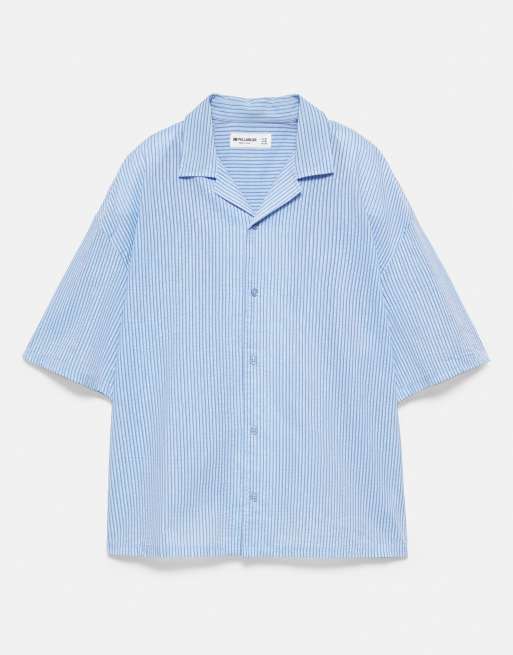 Pull&Bear - Blå skjorte med korte ærmer og striber, 5 af 7