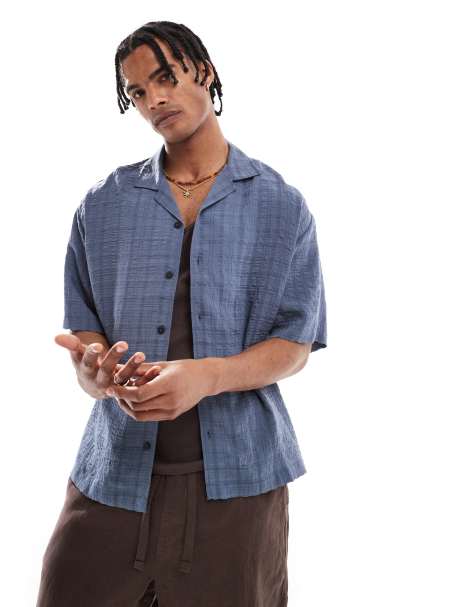 Pull&Bear - Blå skjorte med tern i bæk-og-bølge-stof - view 1