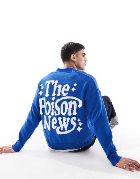 Pull&Bear – Blå, stickad kofta med text baktill - view 1