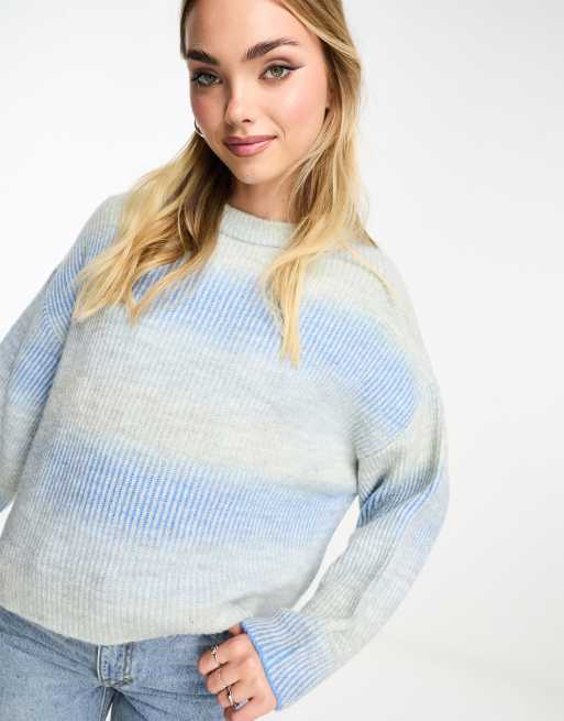 Pull&Bear – Blå, stickad, mjuk tröja med ombremönster