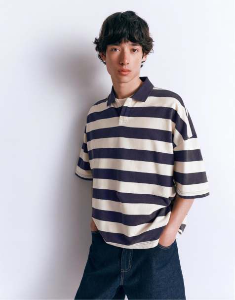 Pull&Bear - Blå stribet poloskjorte med firkantet pasform - view 1