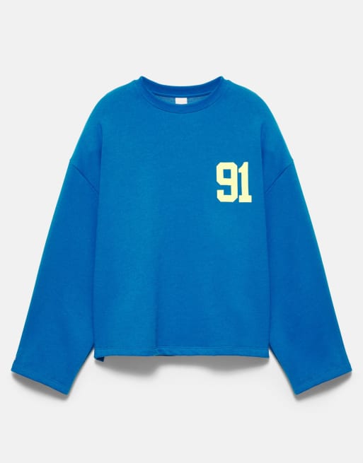 Pull&Bear - Blå sweatshirt med '91'-grafik i afslappet pasform, 6 af 7