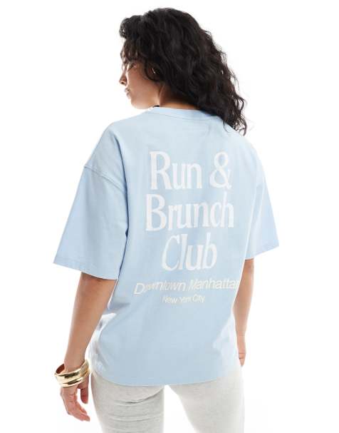 Pull&Bear – Blå t-shirt i oversize med 'Running Club'-tryck - view 1