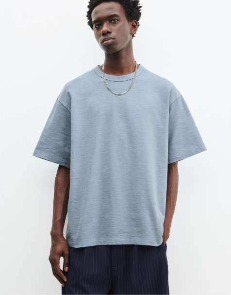 Pull&Bear – Blå t-shirt med korta ärmar och textur - view 1