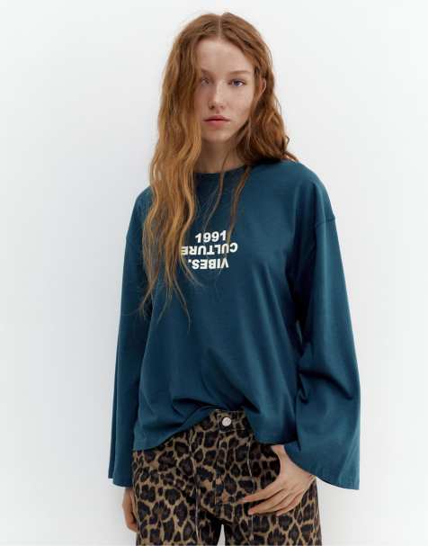 Pull&Bear – Blå t-shirt med 'Street Culture'-tryck - view 1