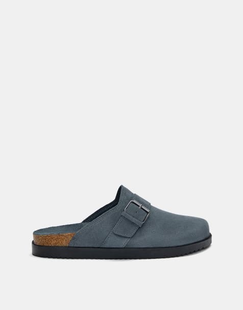 Pull&Bear – Blå tofflor i läder med träskostil och spännen - view 1