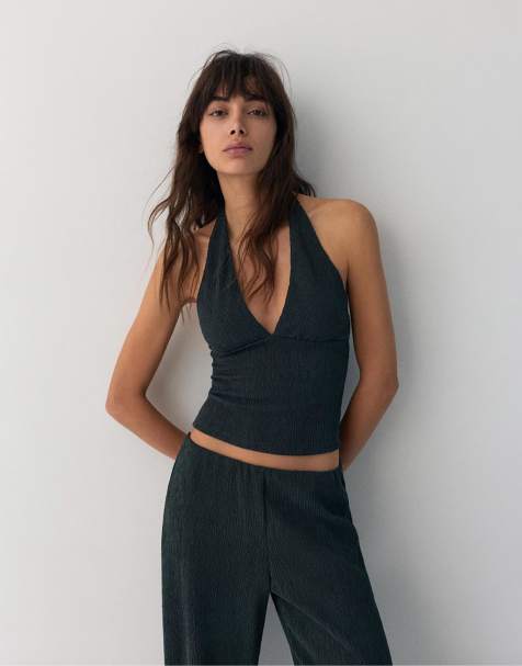 Pull&Bear - Blå top i crepe-stof med halterneck - view 1