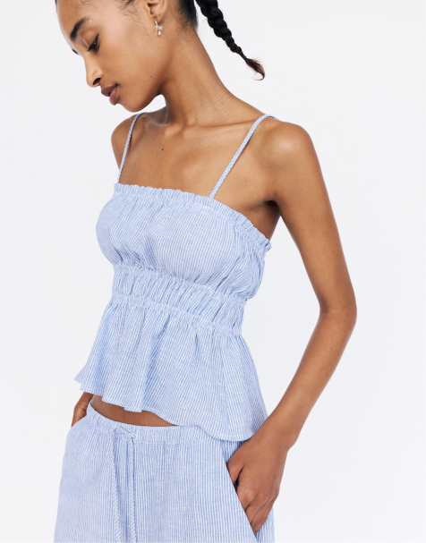 Pull&Bear - Blå top med tynde stropper og striber - view 1