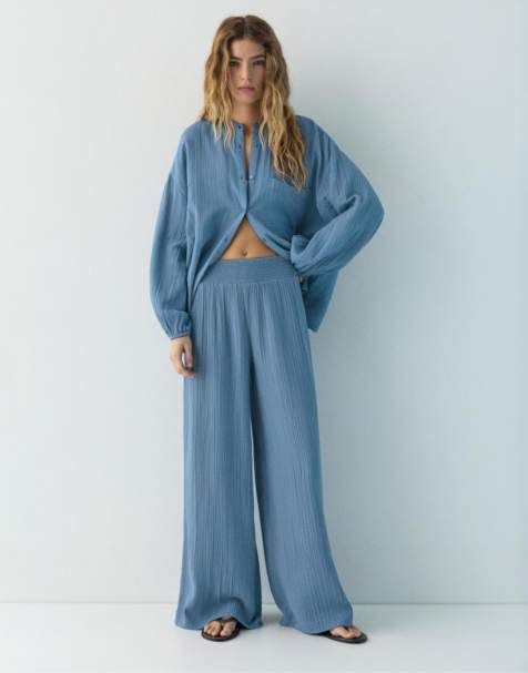 Pull&Bear – Blå, vida byxor i chiffong - view 1