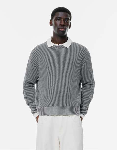 Pull&Bear – Blåaktig, stentvättad, stickad tröja - view 1