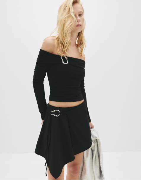 Pull&Bear Black buckle sarong mini skirt in black