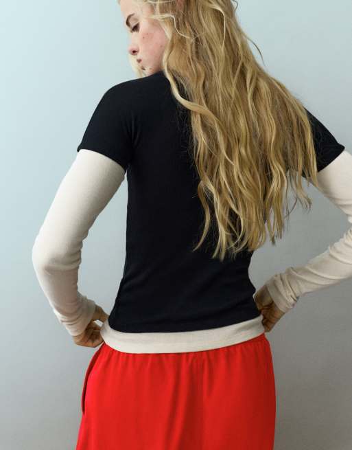 Pull&Bear Black double-sleeve t-shirt in black, 4 of 7