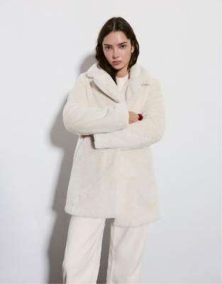 Pull & Bear Black Fur Coat With Lapel Collar In Neutral