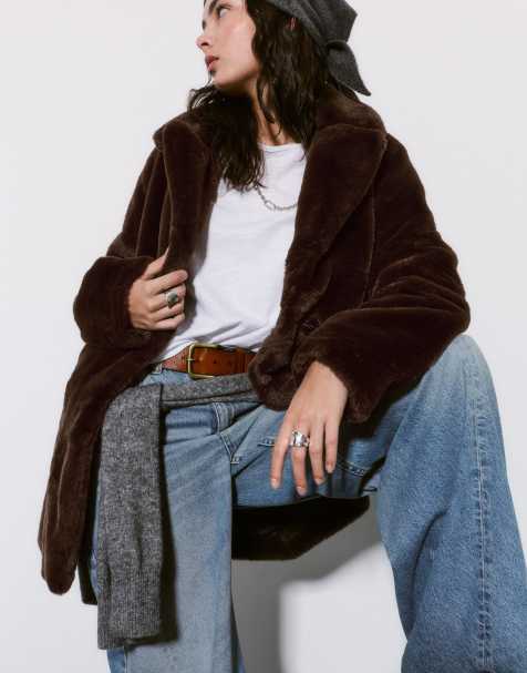 Pull&Bear Black fur coat with lapel collar in brown - view 1