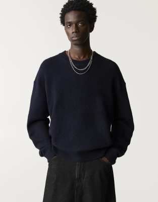 Pull & Bear Black Label Fluffy Knitted Sweater In Dark Blue-navy