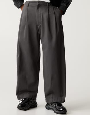 Pull & Bear Black Label Wide Leg Chino Pants In Gray