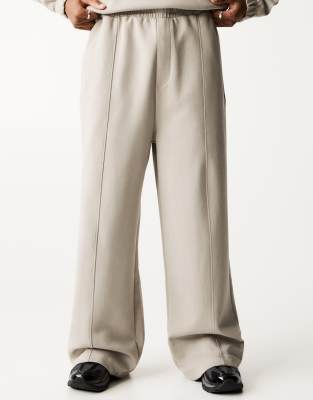 Pull & Bear Black Label Wide Leg Tailored Pants In Ecru-neutral
