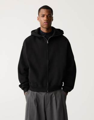 Black Label zip up boxy fit hoodie in black-Gray