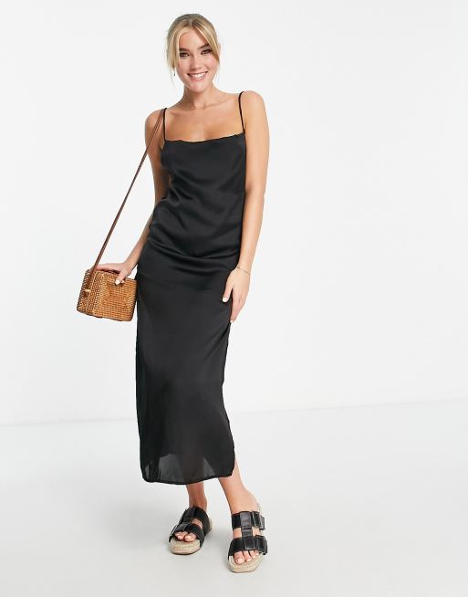 black satin midi slip dress