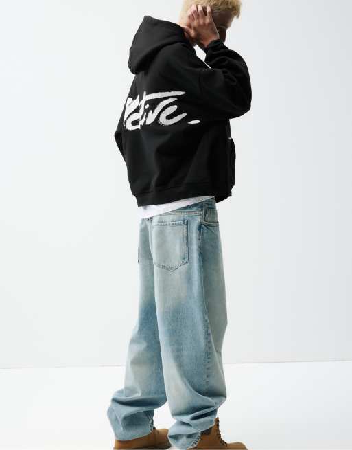 Pull&Bear Black stwd sweatshirt with hood in black, 5 of 7