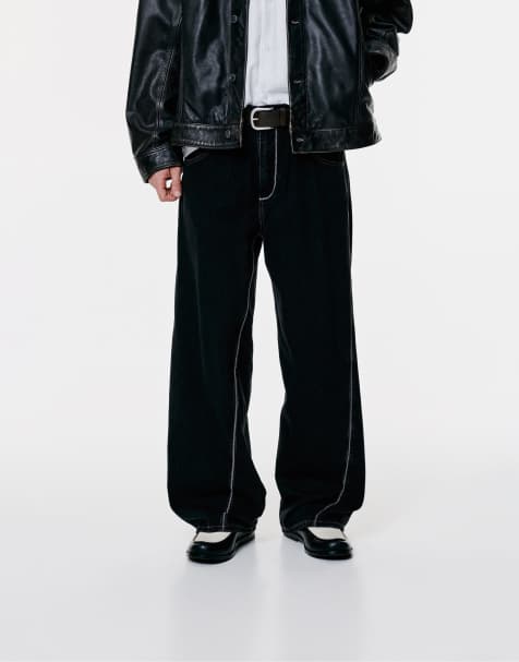 Pull&Bear Black wide-leg contrast stitch jeans in black - view 1