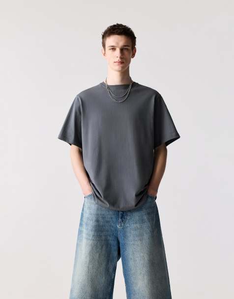 Pull&Bear – Blågrå, bas t-shirt i bomull med korta ärmar - view 1