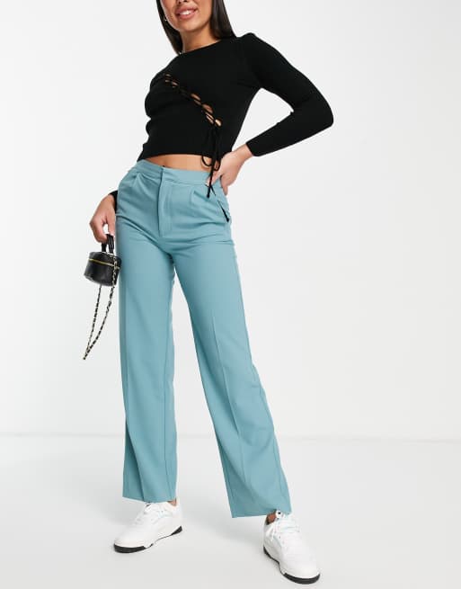 Pull&Bear – Blågröna byxor med medelhög midja och ledig passform