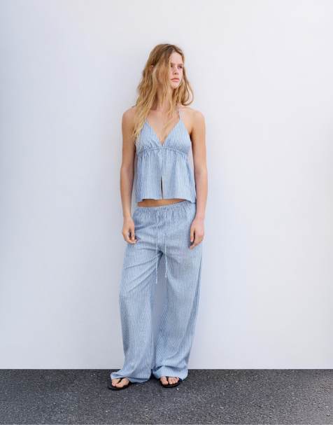 Pull&Bear - Blåstribede pyjamasbukser i hørmateriale - view 1