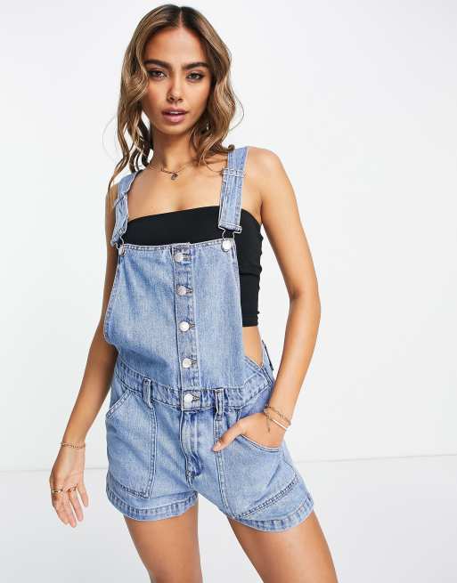 Pull&Bear - Blåt denim-playsuit med knapper foran