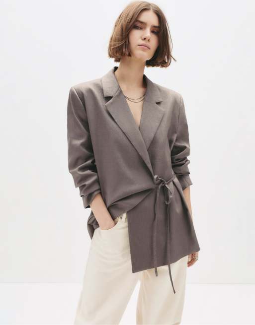 Pull&Bear - Blazer 100% lino color tortora con nodo