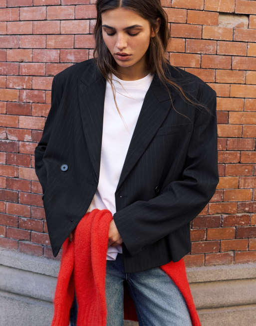 Pull&Bear blazer boxy à rayures fines bleu marine, 3 de 7