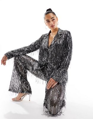 Pull&Bear sequin fringed blazer co-ord in silver - ASOS Price Checker