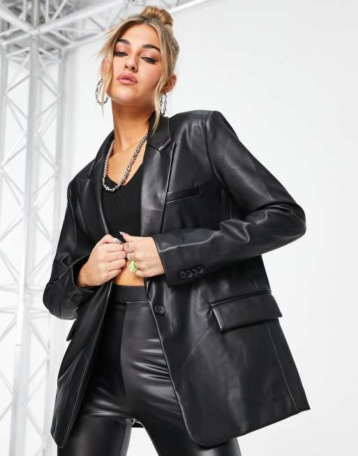 Pull&Bear - Blazer en similicuir - Noir