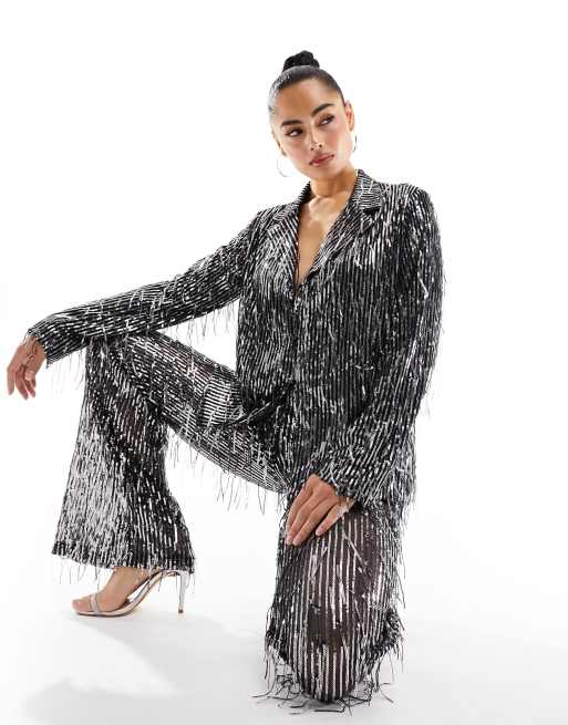 Pull&Bear - Blazer met lovertjes en franjes in zilver, deel van co-ord set