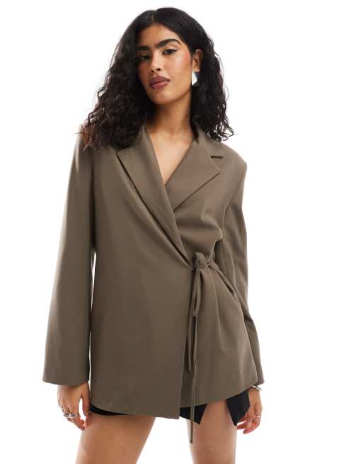 Pull&Bear - Blazer oversize avec liens devant - Taupe