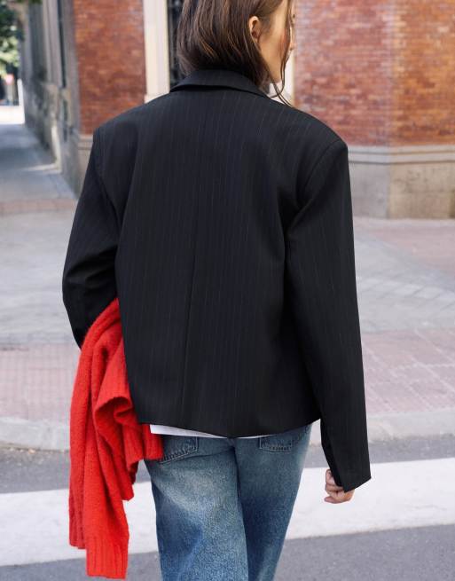 Pull&Bear blazer squadrato a righe sottili navy, 2 di 7