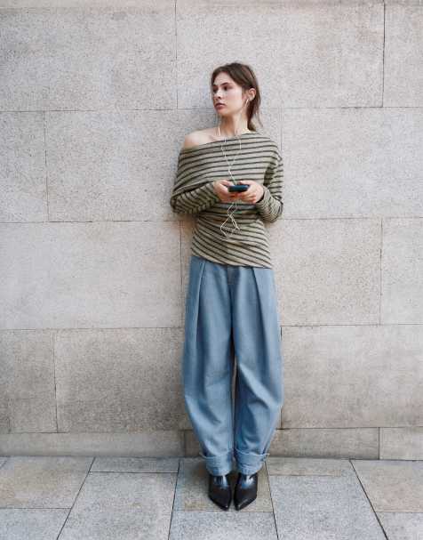 Pull&Bear blød asymmetrisk top i stribet - view 1