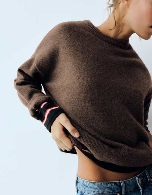 Pull&Bear blød strikket boxy trøje i brun, 3 af 7