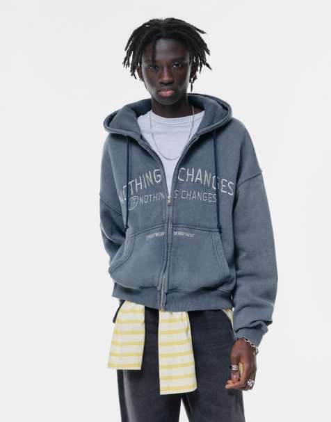 Pull&Bear – Blekblå huvtröja med dragkedja och broderi - view 1