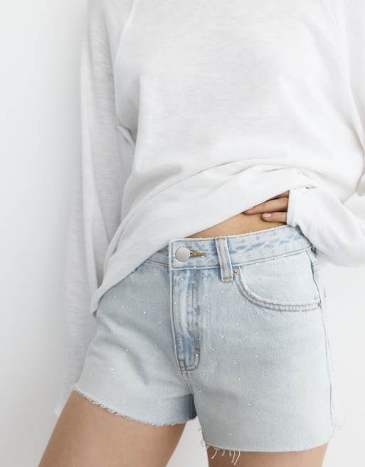 Pull&Bear – Blekblå jeansshorts med medelhög midja och strass, 3 av 4